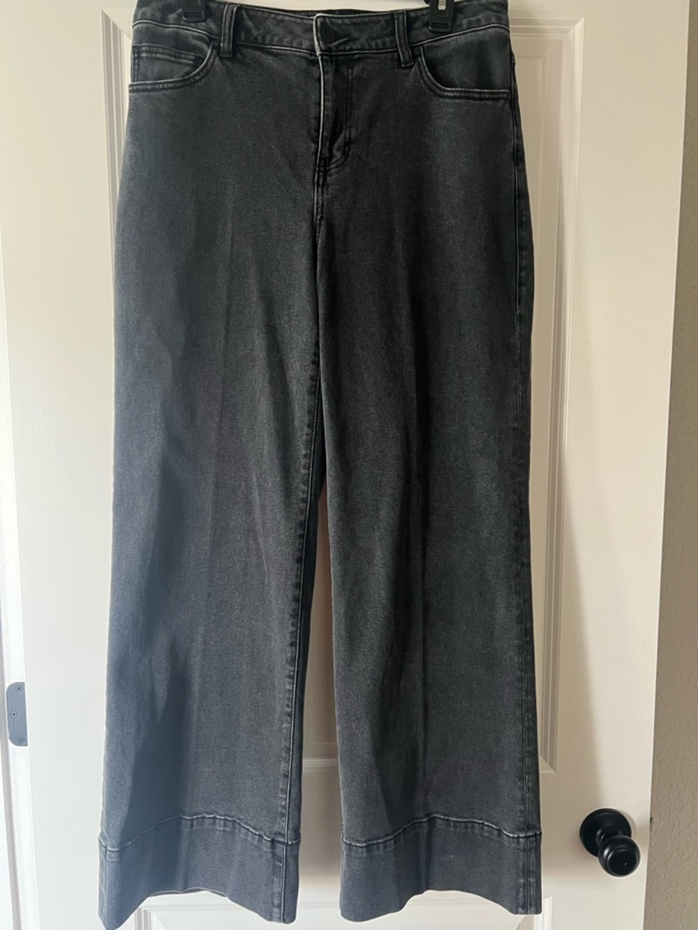CAbi Lennox Wide-Leg Jeans in Washed Black. Sample Sale